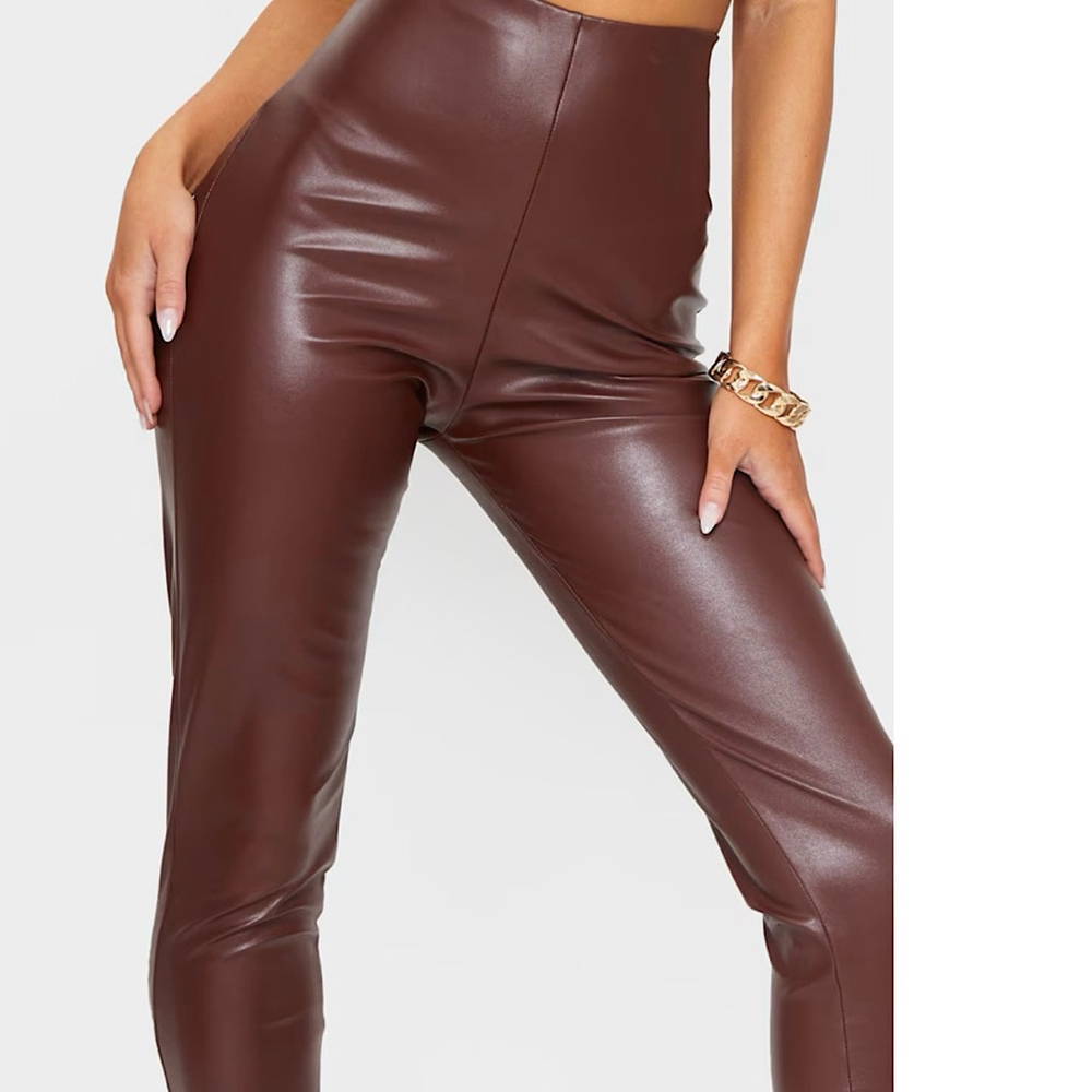 PrettyLittleThing Vegan Leather Chocolate Ankle Leggings Slit Inseam 34” Size 10